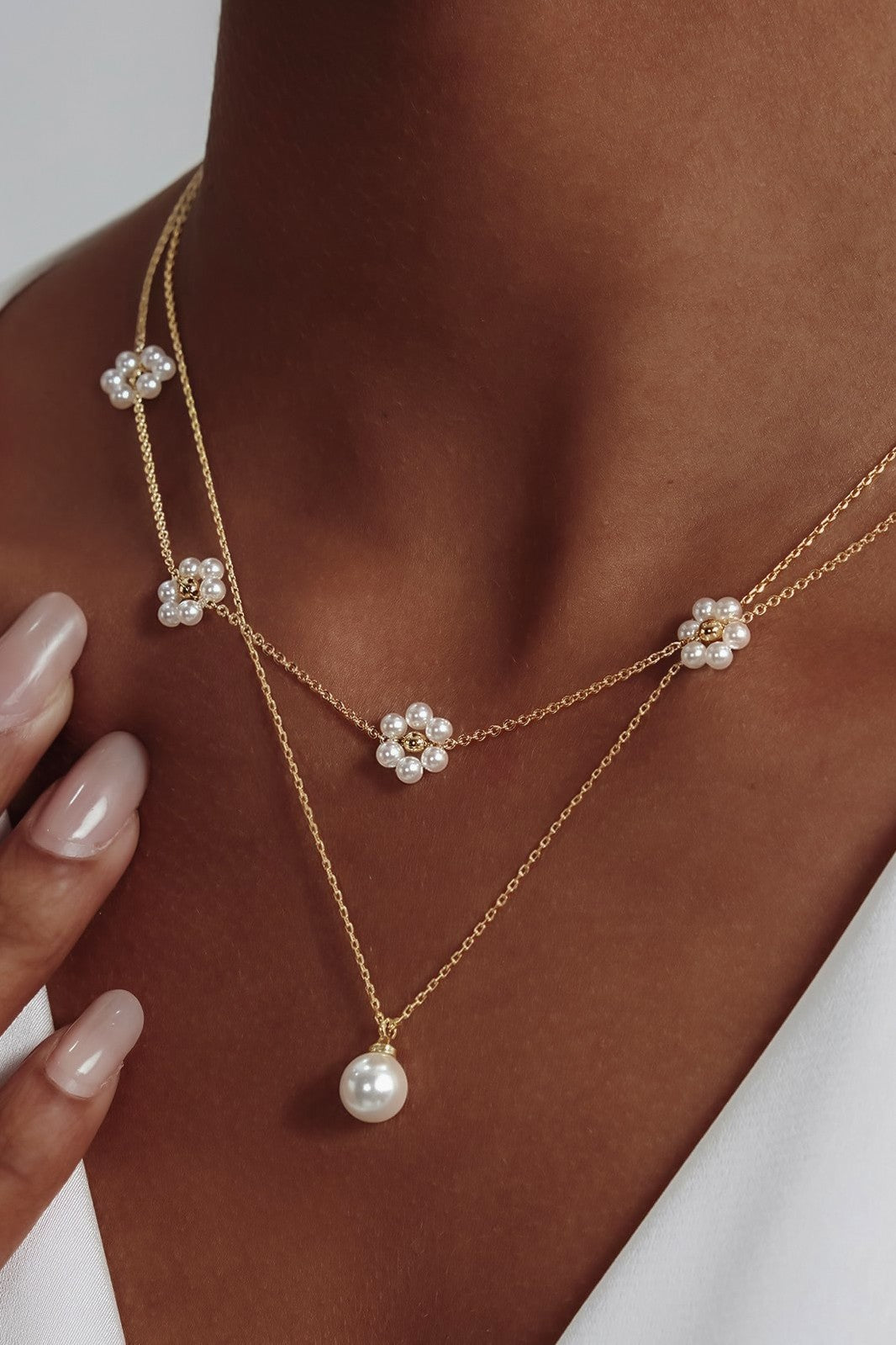 18K Gold Dipped Layered Pearl & Flower Necklace Set