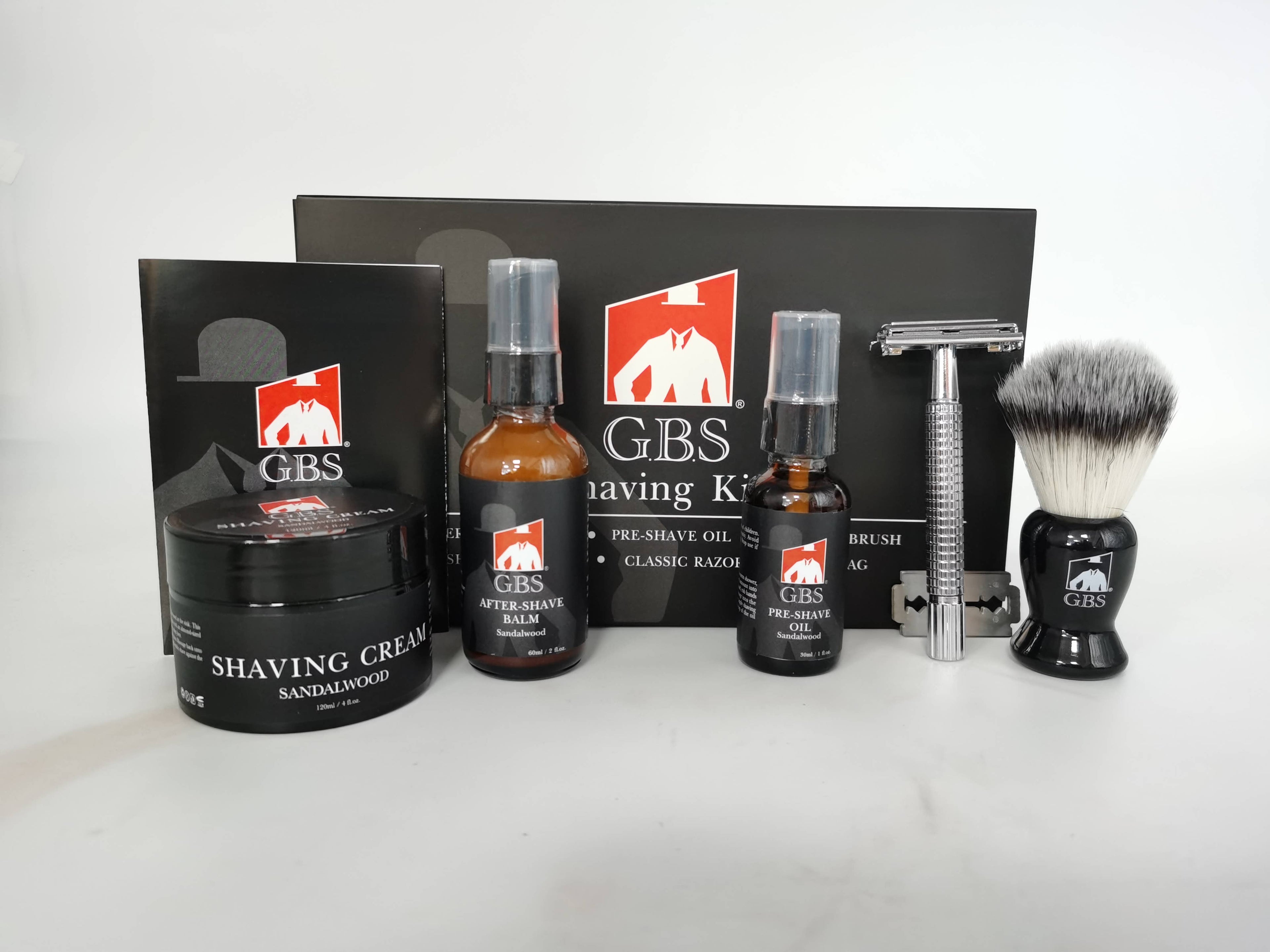 5 Piece shaving Kit - balm, brush, oil, razor, cream & bag