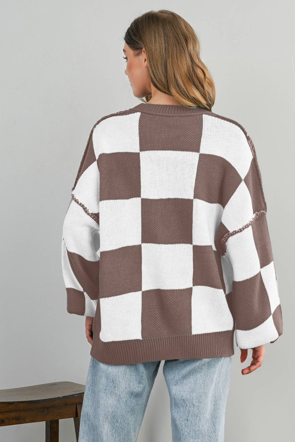 Chic Checkered Lantern Sleeve Sweater