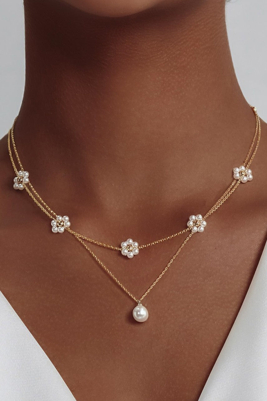 18K Gold Dipped Layered Pearl & Flower Necklace Set