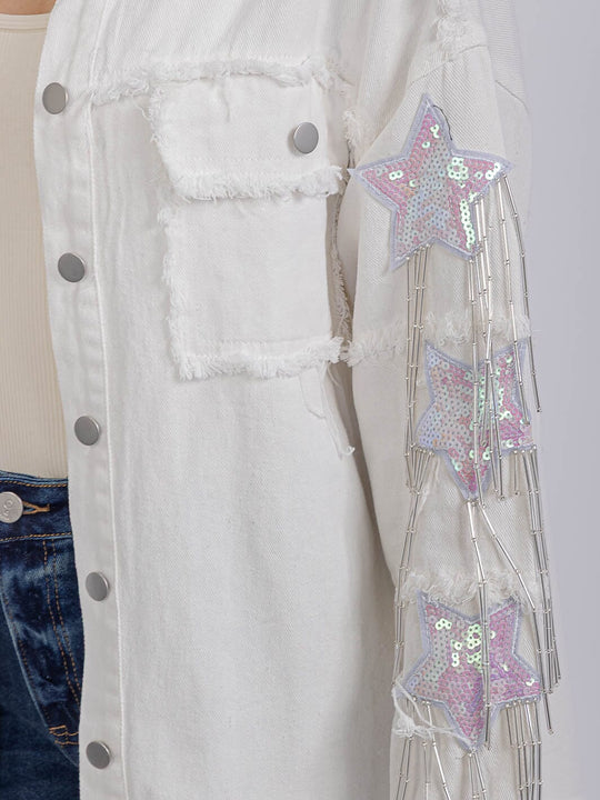 White Long Sleeve Sequins Fringe Denim Shacket