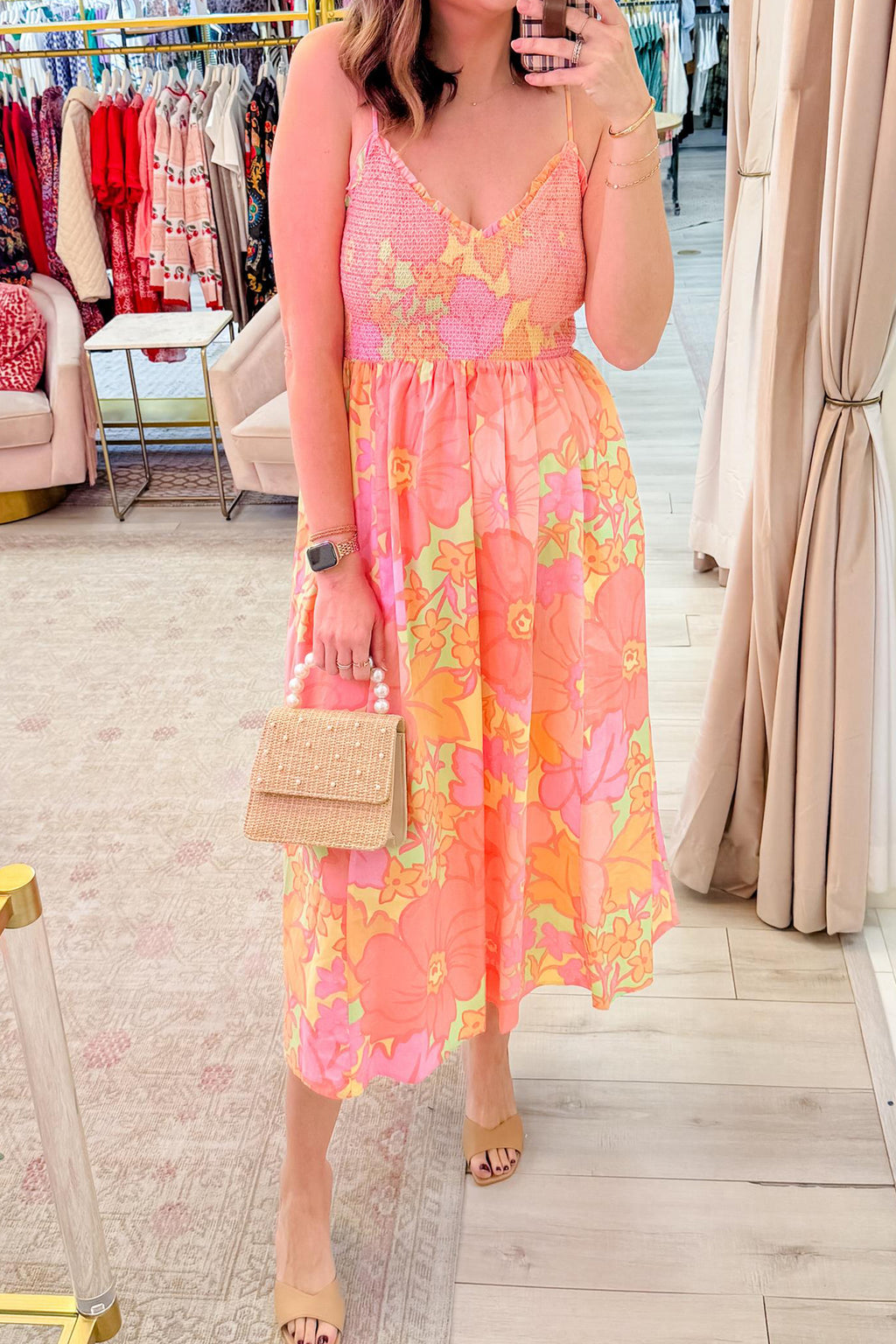 Pink Floral Shirred Dress