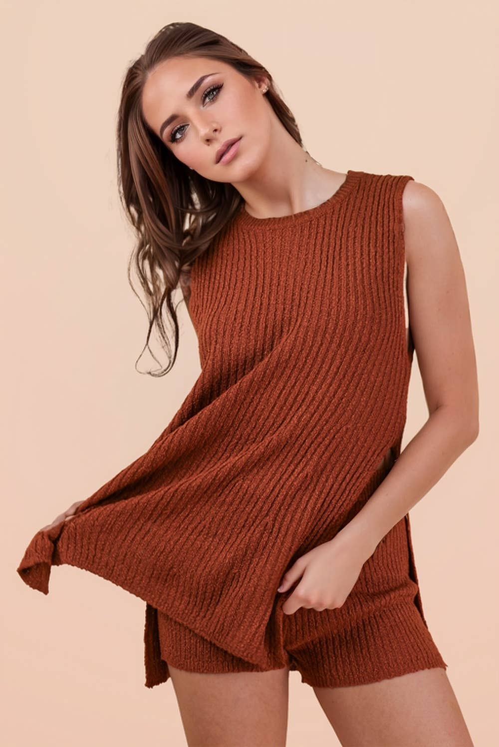 12W3359NSET-Knit Sweater Comfy Top & Shorts Set