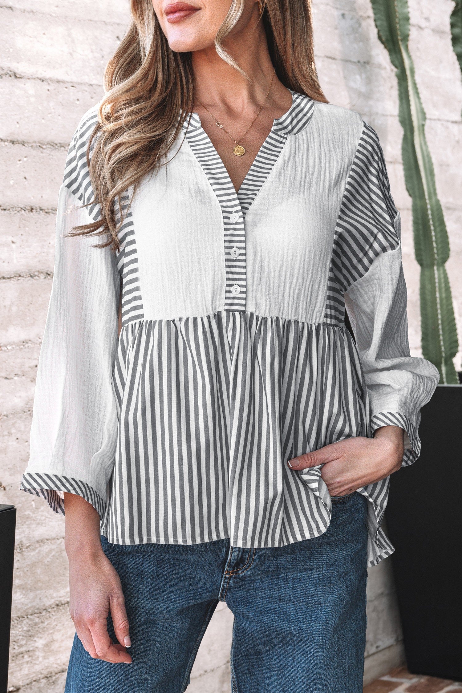 Gray Stripe Babydoll Top
