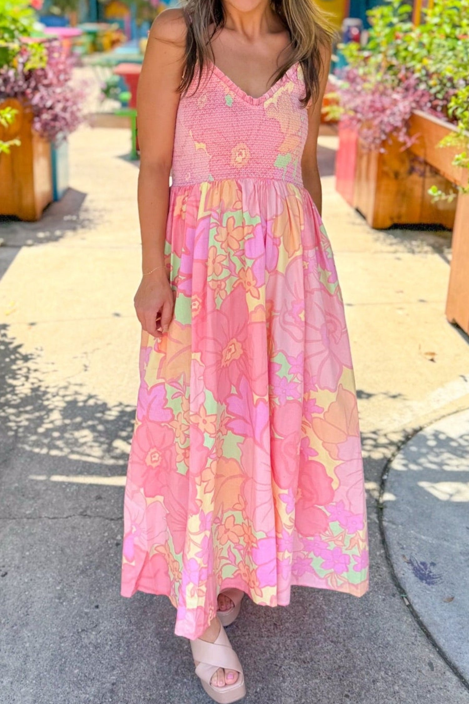 Pink Floral Shirred Dress