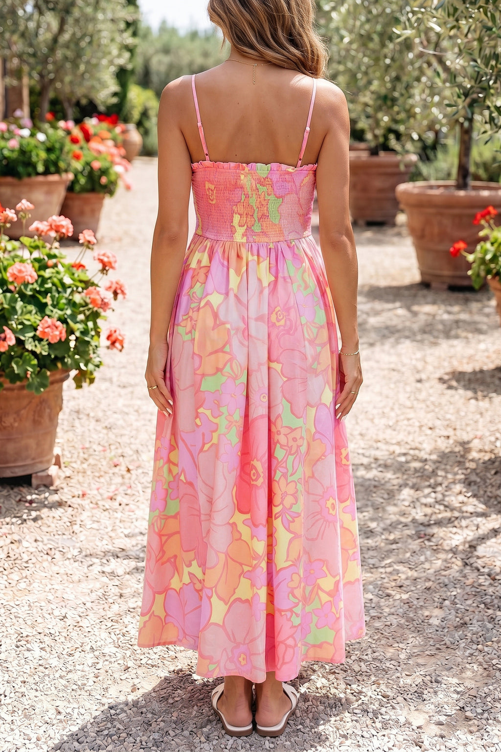 Pink Floral Shirred Dress
