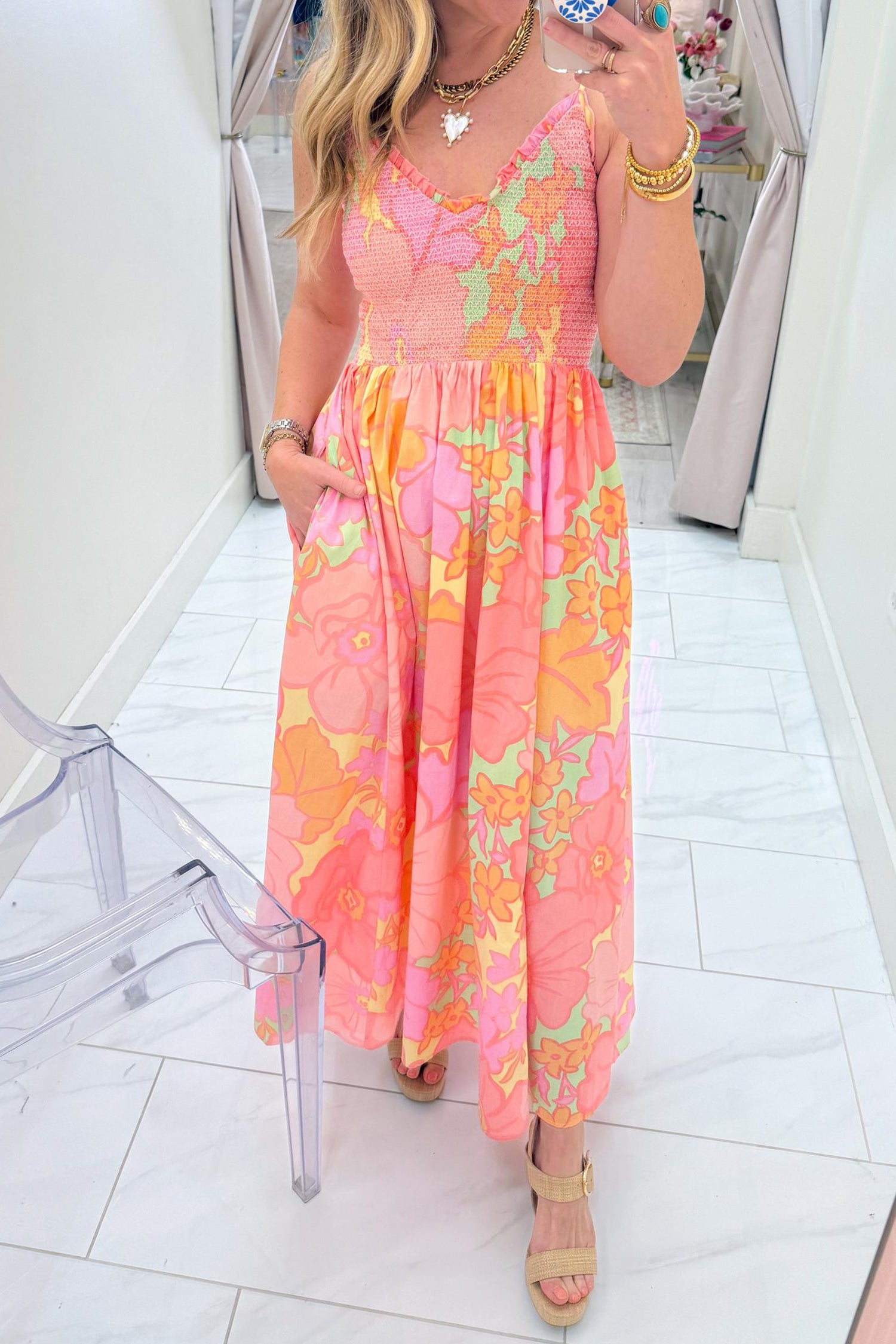 Pink Floral Shirred Dress