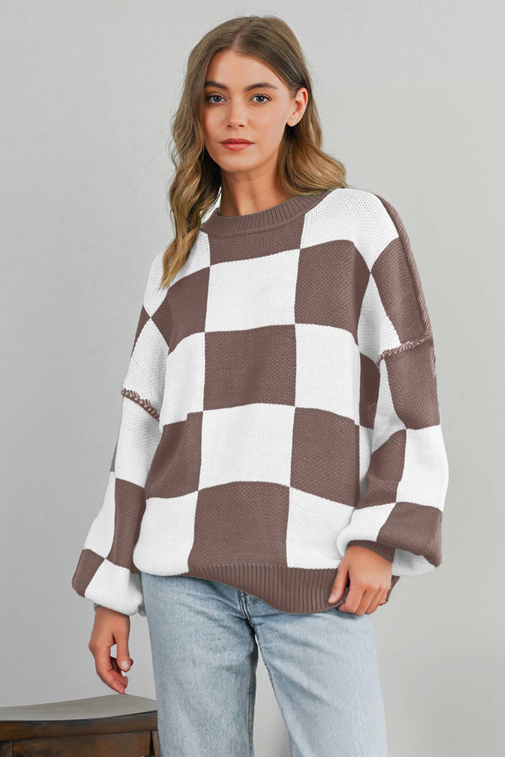 Chic Checkered Lantern Sleeve Sweater