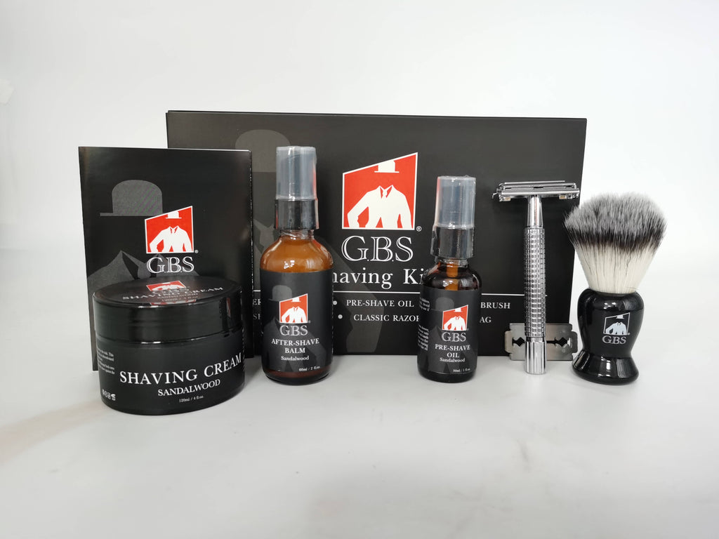 5 Piece shaving Kit - balm, brush, oil, razor, cream & bag