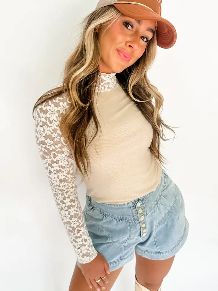 Beige Bloom Long Sleeve Lace Top