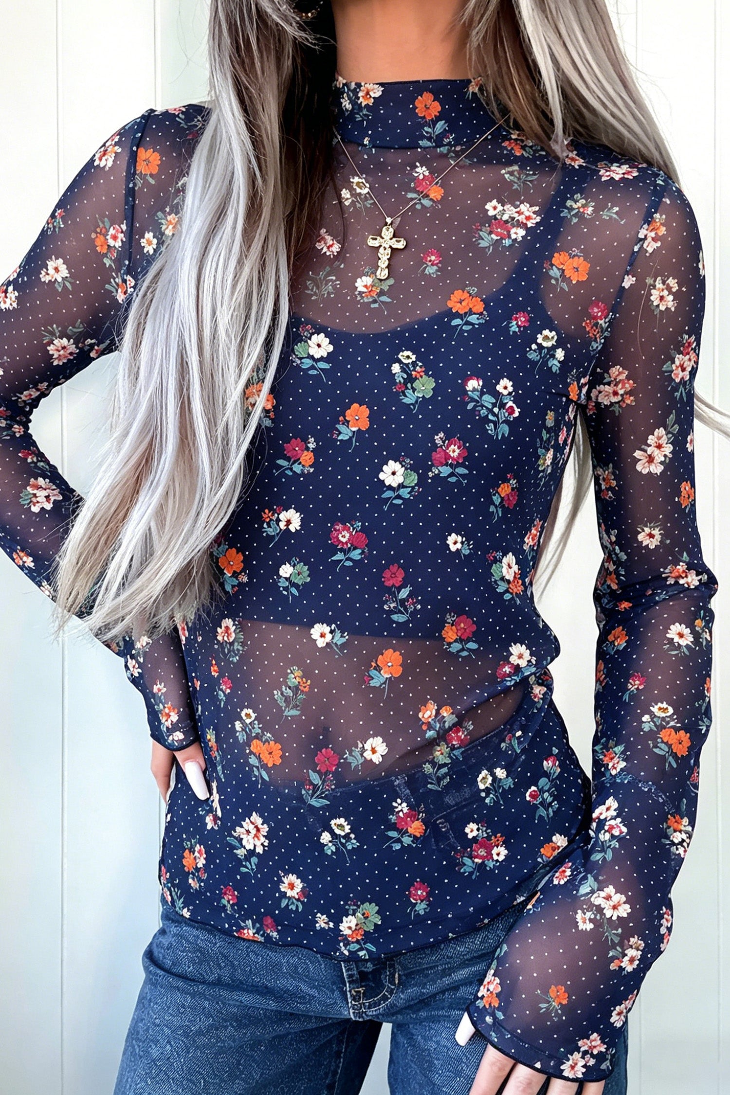 Blue Petal Mesh Layering Top