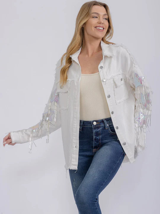 White Long Sleeve Sequins Fringe Denim Shacket