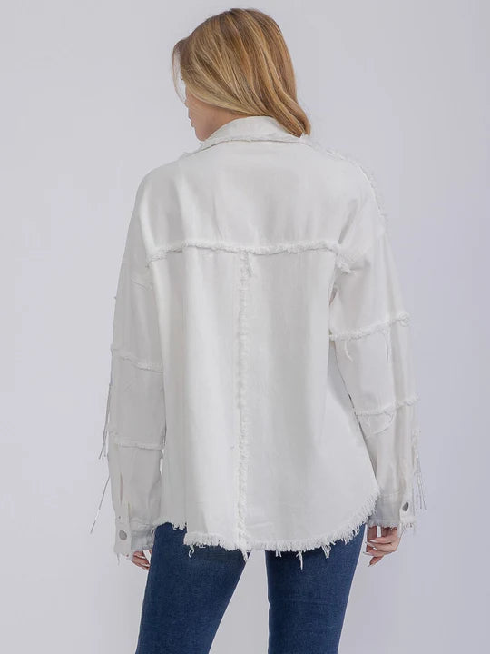White Long Sleeve Sequins Fringe Denim Shacket